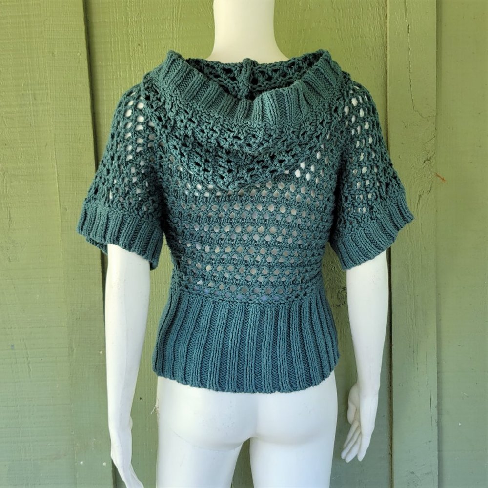 FREE PEOPLE Teal Knit Cropped Hoodie Cardigan S - Picture 3 of 4
